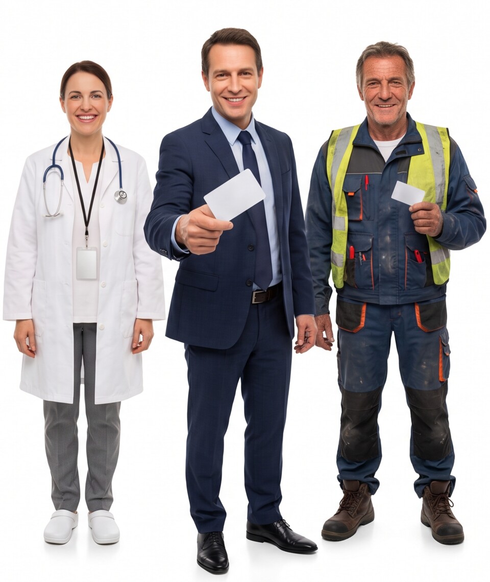 An office manager, a healthcare worker, and a factory worker, each holding their own ChipLogin access card
