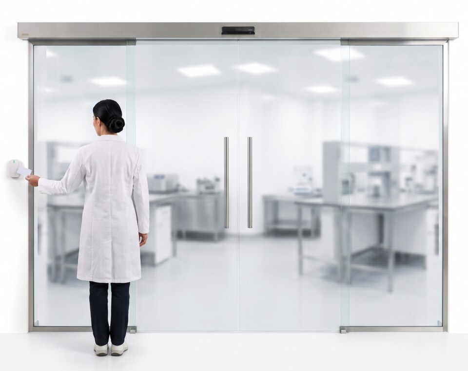 A woman in a lab coat, seen from behind, tapping an access card against a reader on the wall next to a glass laboratory door