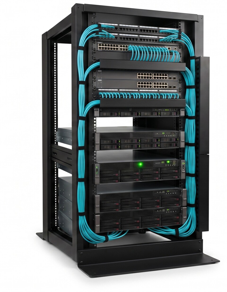 A server rack with a neatly organized web of cables