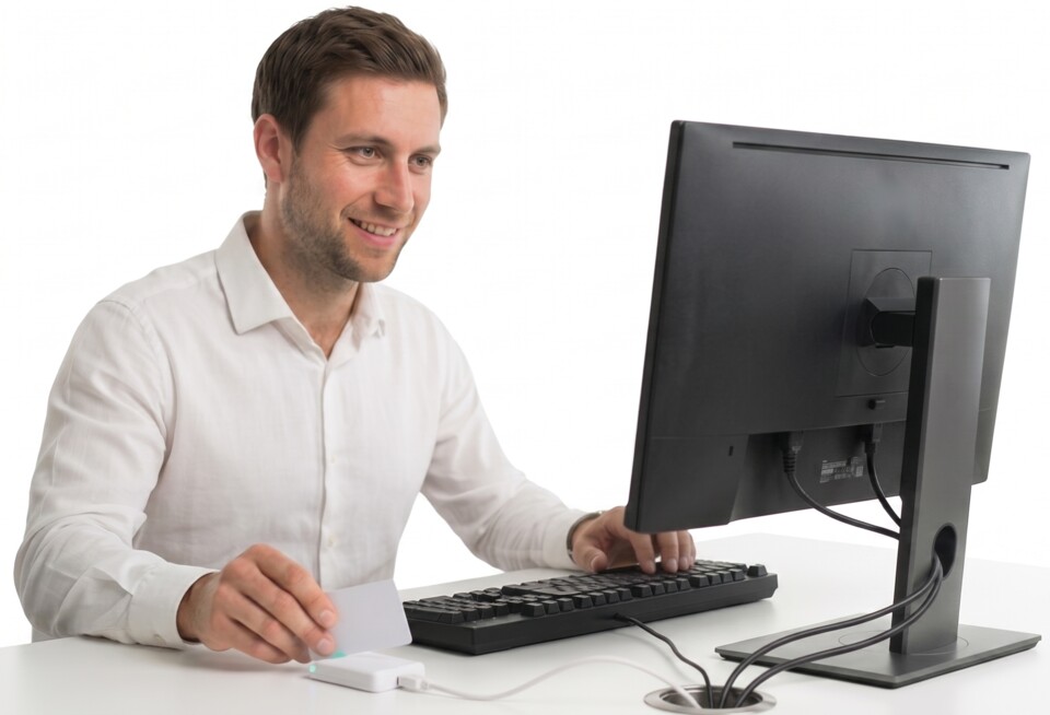 An over-the-shoulder view of an employee tapping an access card against a reader to log into a computer